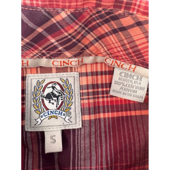Cinch Men's Short Sleeve Plaid Button Up Shirt Red Burgundy/Orange Size S - Picture 4 of 5